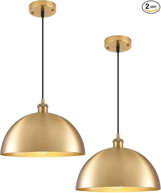 Gold Pendant Lights, 11.8" Farmhouse Pendant Light for Kitchen Island, Vintage Pendant Light Fixtures for Dining Room, Living Room, Bedroom, Dome Pendant Lighting, 2 Pack
