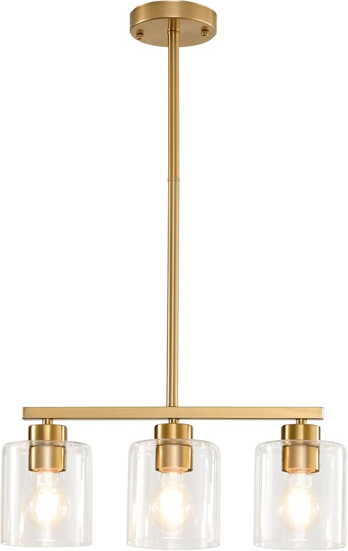 3-Light Gold Kitchen Island Lighting, Gold Pendant Light Fixture, Farmhouse Dining Room Light Fixtures Over Table, Modern Hanging Light Fixtures with Clear Glass, E26 Base, Bulbs Not Included