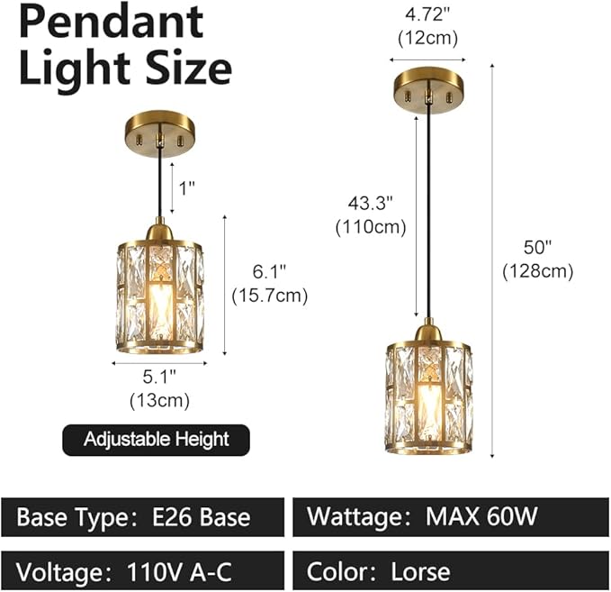Gold 3 Pack Kitchen Pendant Lighting Over Island Modern Crystal Glass Shade Adjustable Hanging Fixture for Dining Hallway Bedroom Matte