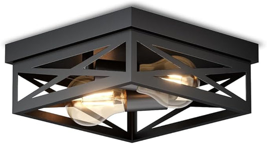 LVWIT 9.8 Inch Flush Mount Ceiling Light Fixtures, 2-Light Black Light Fixtures Ceiling Mount, Square Hallway Light for Kitchen Entryway Hall (E26 Base, Bulbs Not Included)