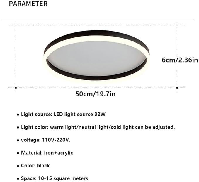 Minimalist Style Black Circle Close to Ceiling Lamp, Adjustable Warm Light/Neutral Light/White Light, Ultra-Thin 2.36in, Ideal for Small Spaces, Balcony, Porch, and Laundry Room Lighting