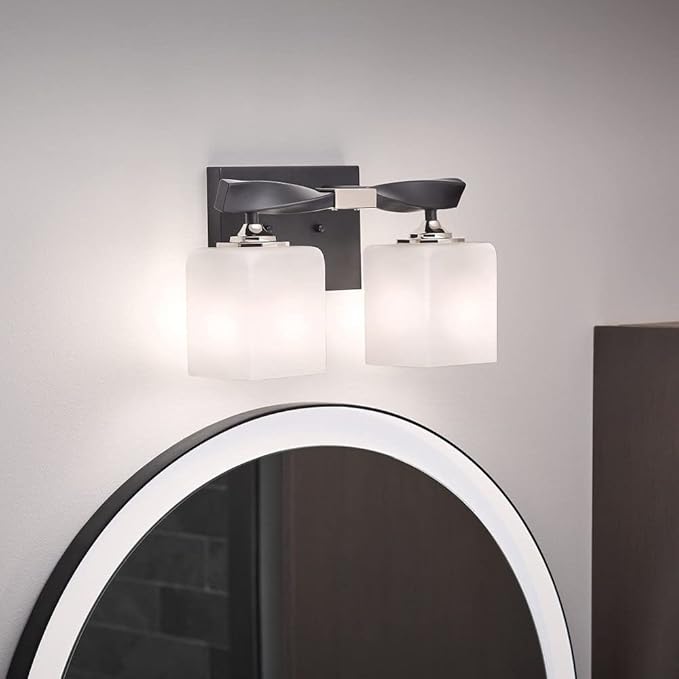 Kichler Marette 13.5 inch 2 Light Vanity Light with Satin Etched Cased Opal Glass in a Rich Champagne Bronze, for Bathroom and Powder Rooms, (13.5" W x 8" H), 55001CPZ