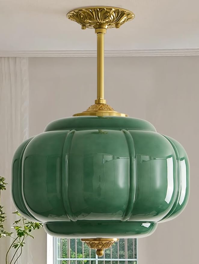 Milk Glass Pendant Light 15 Inch Semi Flush Mount Ceiling Light Fixture Adjustable Height Mid Century Brass Vintage Ceiling Light for Kitchen Hallway Dining Room Bedroom Schoolhouse(Green)