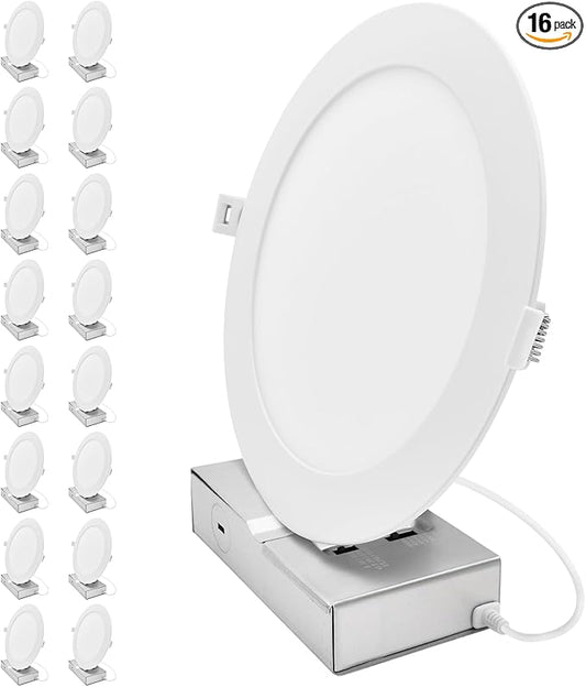 LUXRITE 8-Inch LED Recessed Light with J-Box, Canless Mini Panel Spotlight, 5CCT 2700K-5000K, 13/15/18 Watts, 1050/1250/1500 Lumens, CRI90, Dimmable, 120-277V, IC Rated, Wet Rated ETL Listed (16 Pack)