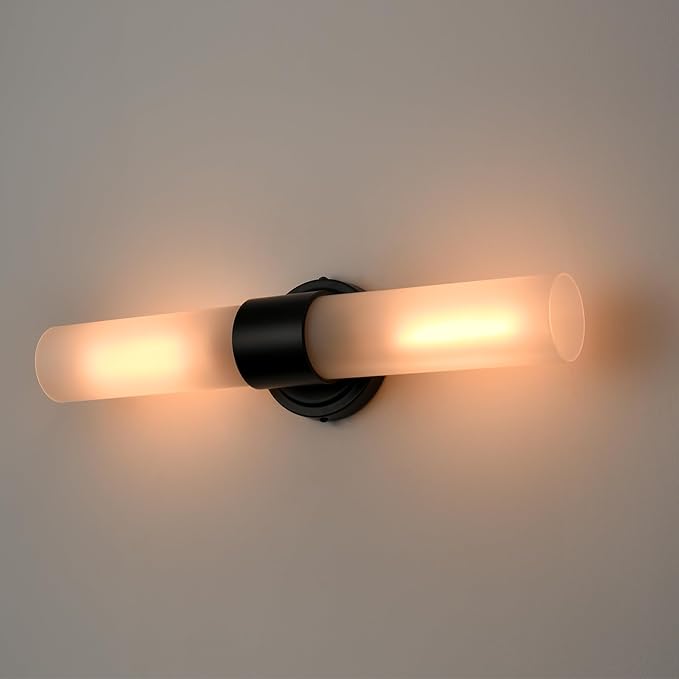 DAYCENT Modern Black Bathroom Vanity Lights Farmhouse 2-Light Frosted Glass Wall Sconce Matte Black Cylinder Sconces Wall Lighting for Bedroom Hallway Living Room, 20" H