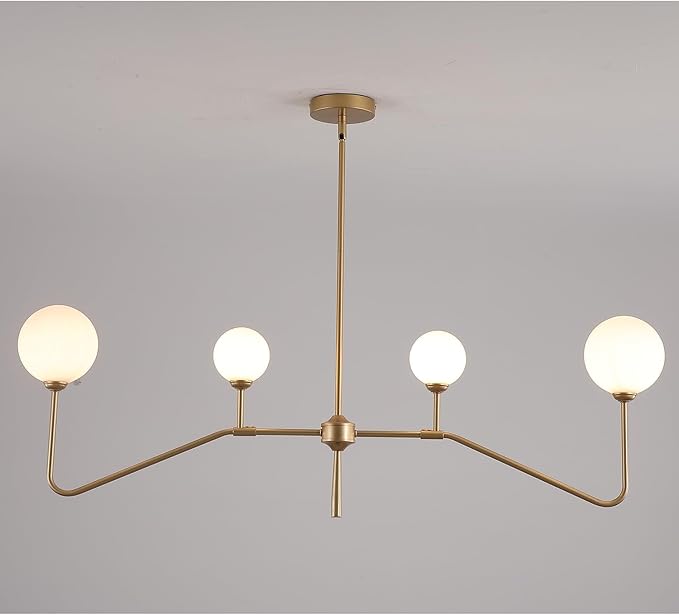 Modern Linear Chandelier for Dining Room,Glass Globe Kitchen Island Light, Mid-Century Sputnik Ceiling Light Fixture with Brushed Gold Finish & Milk Glass Shades, Adjustable Rod Hanging Lighting