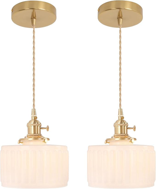 Shenmoyl Pendant Light 2 Pack with White Striped Glass Lmapshade, Brass Vintage Pendant Light Adjustable Hanging Light for Kitchen Island Dining Room Hallway