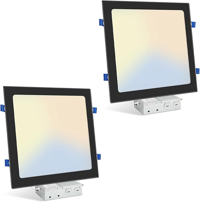 HONZIN 2 Pack 12 Inch Square Recessed Lighting, 5CCT Ultra-Thin LED Downlight, 2700K/3000K/3500K/4000K/5000K Selectable, Dimmable, 24W, IC Rated Canless Ceiling Lights with Junction Box, Black Trim