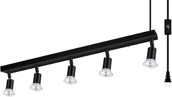 Plug-in Track Lighting, LED Track Lighting Fixtures Ceiling Kit, 30" Black Plug in Wall Light with 14.8ft Cord, 5-Light Ceiling Spotlight,Rotatable Kitchen Light Head for Bedroom Hallway(GU10,NO Bulb)
