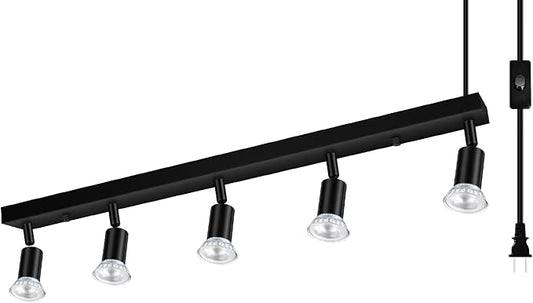 Plug-in Track Lighting, LED Track Lighting Fixtures Ceiling Kit, 30" Black Plug in Wall Light with 14.8ft Cord, 5-Light Ceiling Spotlight,Rotatable Kitchen Light Head for Bedroom Hallway(GU10,NO Bulb)