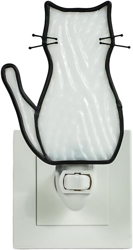 BOXCASA White Cat Night Light, Stained Glass Lamp, Warm Yellow Plug-In Night Light for Living Room, Bedroom, Hallway - Cat Gifts