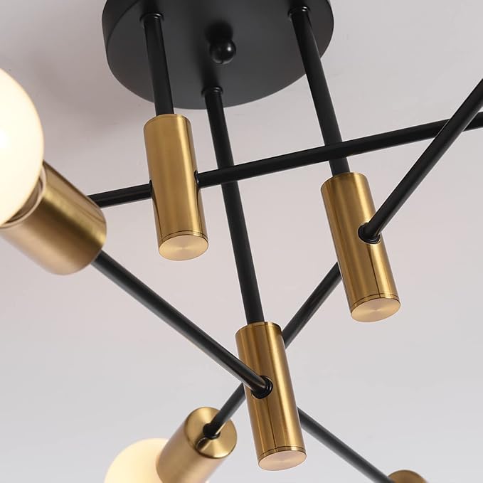 Garwarm Ceiling Light Fixture, 6-Lights Black and Gold Mid Century Semi Flush Mount Ceiling Light,Modern Sputnik Chandelier for Kitchen Dining Room Bedroom Entryway Hallway
