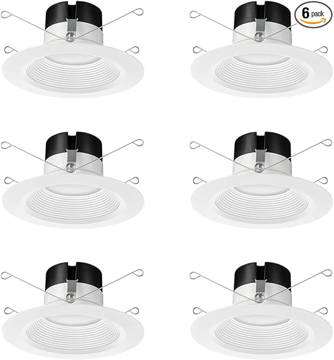 Juno E Series 5"/6" LED Ceiling Light, Baffle Trim Recessed Lighting with 5-in-1 Switchable White Color, 900 Lumens, Wet Rated LED Downlight, Dimmable, White, 6-Pack