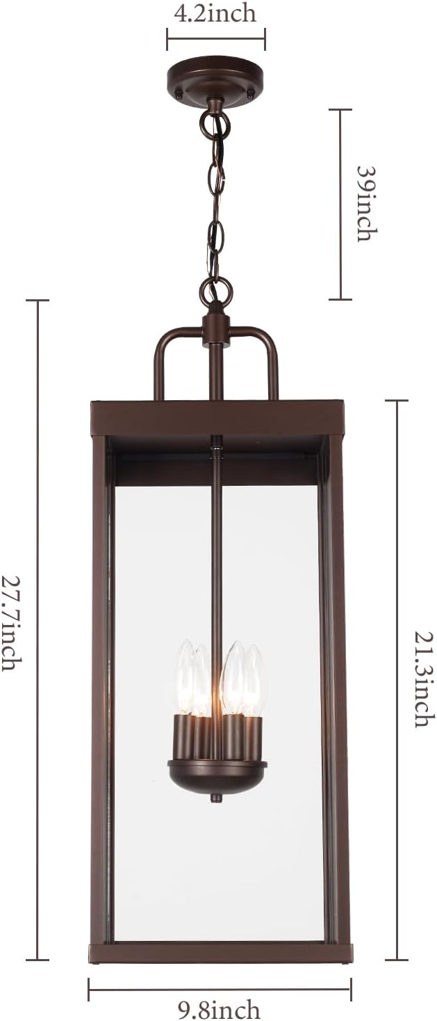 Large Outdoor Pendant Lantern Light Fixture for Front Porch, 28 Inch 4-Light Bronze Exterior Hanging Chandelier with Clear Glass, Outdoor Indoor Pendant Lamp for Patio, Gazebo, RZ008XL-H ORB