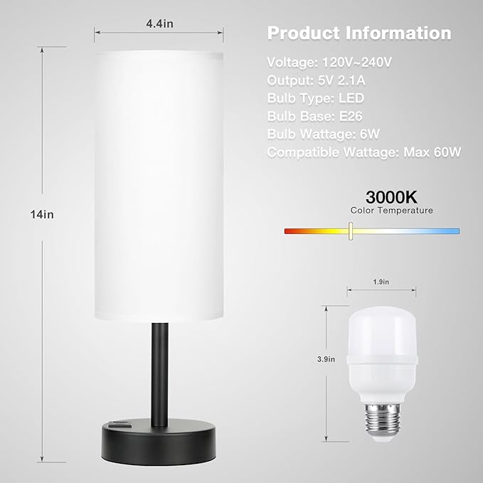 Dicoool Bedside Touch Table Lamps for Bedroom Nightstand with USB-C USB-A Charging Ports White, 3 Way Dimmable Small Lamp Fabric Shade Black Base for Office, Living Room, Dorm Room Reading