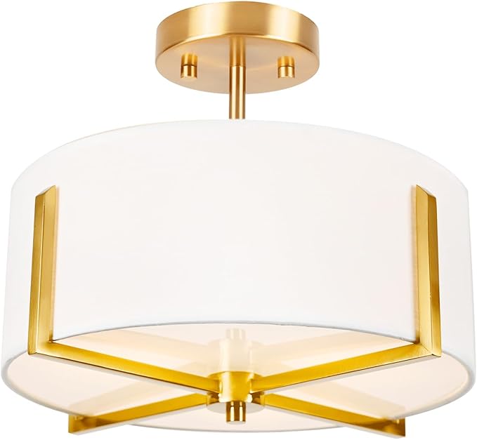 Edwarmlux 3-Light Semi Flush Mount Ceiling Light Fixture, 13.7" Gold Drum Light with White Fabric Shade, Modern Close to Ceiling Lamp for Living Room Bedroom Dining Room Kitchen Hallway Entry Foyer
