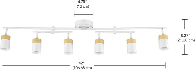 Globe Electric 64000055 42" 6-Light Track Lighting, Double Center Swivel Bar, Matte White, Wood Toned Accents, Ceiling Light, Pivot Shades, 6 Bulb, Kitchen Lights, GU10 Sockets