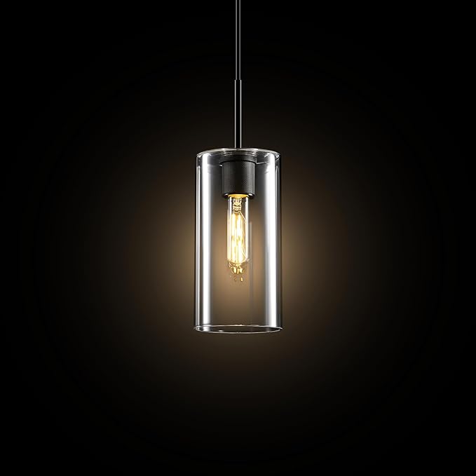 Modern Black Glass Pendant Light: Seeded Clear Glass Pendant Light over Kitchen Island - Minimalist Brass Hanging Lights with Short Tube - Height Adjustable Pendants Lighting Fixture for Dining Room