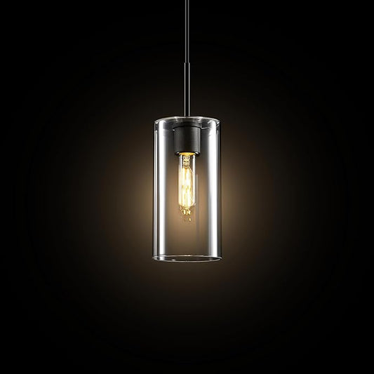 Modern Black Glass Pendant Light: Seeded Clear Glass Pendant Light over Kitchen Island - Minimalist Brass Hanging Lights with Short Tube - Height Adjustable Pendants Lighting Fixture for Dining Room