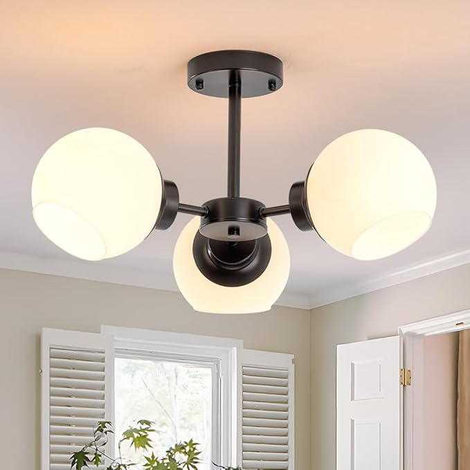 3 Light Sputnik Chandeliers Black Mid Century Semi Flush Mount Ceiling Light Frosted Globe Glass Modern Close to Ceiling Light Fixture for Bedroom Living Room Entryway Hallway