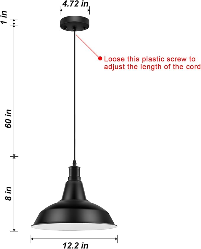 LOEHINLE Pendant Light Fixtures, Vintage Farmhouse Hanging Lighting Fixture with Metal Shade, Industrial Barn Lights for Hallway, Kitchen Island, Sink, Dining Room, Living Room, Black, 12.2in
