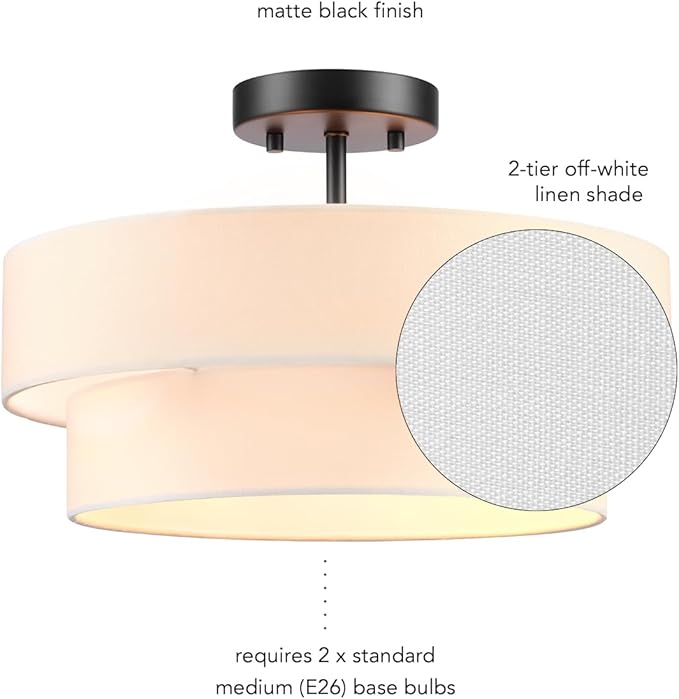 Globe Electric 66000138 2-Light Semi-Flush Mount Ceiling Light, Matte Black, 2-Tier, White Linen Shade, Home Improvement, Dining Room, Kitchen