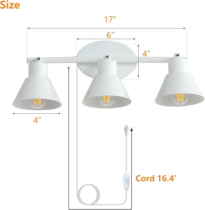 3 Light Plug in Track Lighting Kit,Modern Plug in Ceiling Light Fixture,16.4ft Cord,Timer & Dimming Switch,3 Way Ceiling Spot Lighting,Flexibly Rotatable Light Head (White)