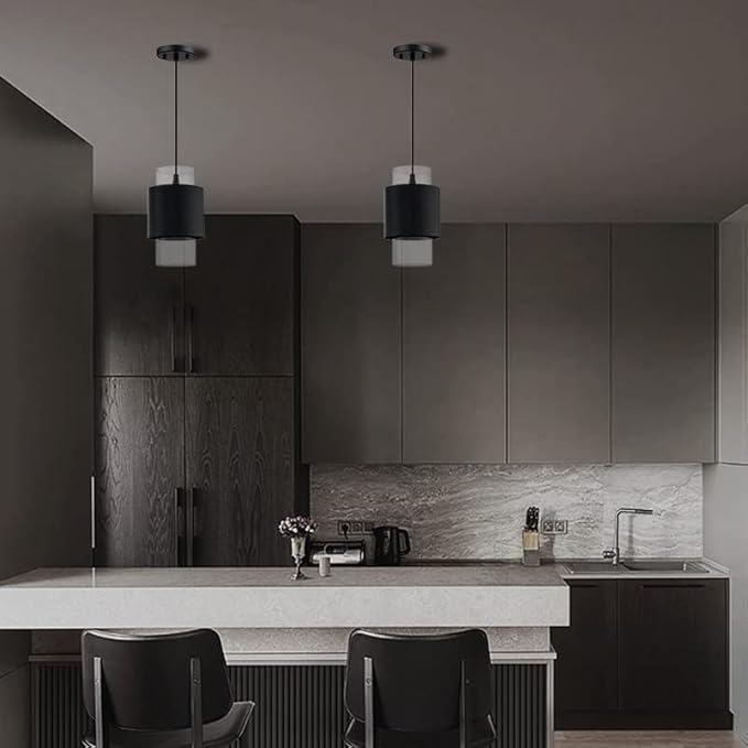 1 Light Hanging Indoor Kitchen Island Pendant Light 6" Drum Glass Shade Pendant Ceiling Light Fixtures Modern Farmhouse Dinning Over Sink (Black Finish, 2 Pack)