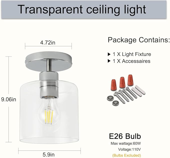 Chrome Semi Flush Mount Ceiling Light,Modern Farmhouse Ceiling Light Fixture for Closet Entryway,Hallway Light Fixture 5.9in Clear Glass Shade 1 Pack