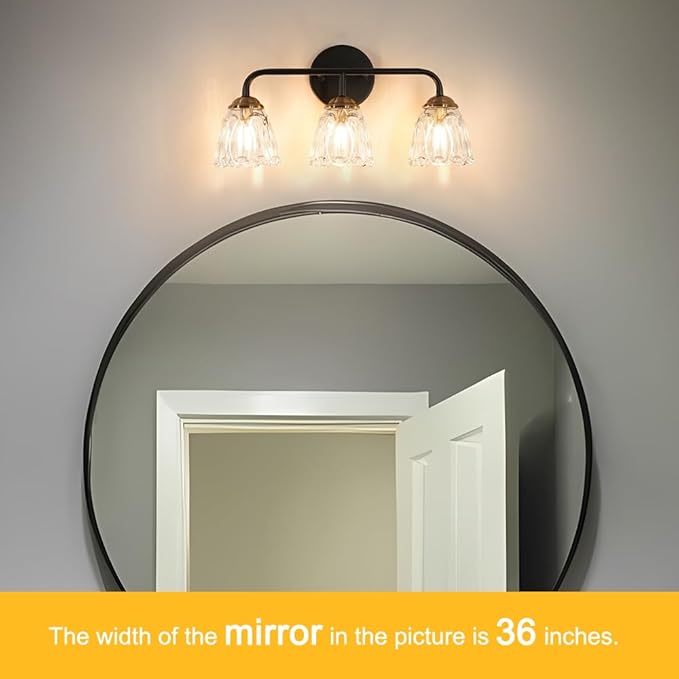 Daunton Vintage 3 Light Vanity Light, Black and Gold Bathroom Vanity Light, Bathroom Light Fixtures with Glass Shade, Antique Vanity Light Fixtures Over Mirror, Wall Sconce for Bedroom, Living Room