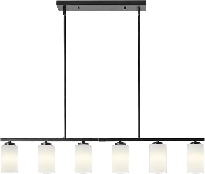 6-Light Modern Island Lights for Kitchen, Black Dining Room Light Fixtures Over Table, Pendant Lighting Over Island Kitchen Hanging Light Fixtures 45.27'' Large Chandeliers with Milky Glass Shades