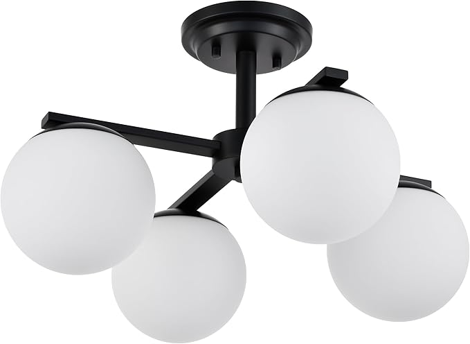 Matte Black Semi Flush Mount Ceiling Light, 4-Ligh Modern Kitchen Lighting Fixtures with Globe Glass Shade, Hallway Light Fixtures Ceiling Mount for Dining Room, Living Room, Bedroom, Foyer