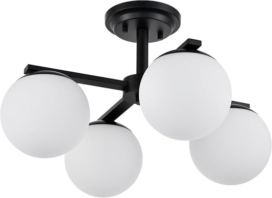 Matte Black Semi Flush Mount Ceiling Light, 4-Ligh Modern Kitchen Lighting Fixtures with Globe Glass Shade, Hallway Light Fixtures Ceiling Mount for Dining Room, Living Room, Bedroom, Foyer