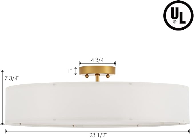 VILUXY Gold Semi-Flush Mount Ceiling Light Fixture with 24" Large White Fabric Drum Shade 5-Light for Bedroom Dining Room Entryway Round Ceiling Lamps