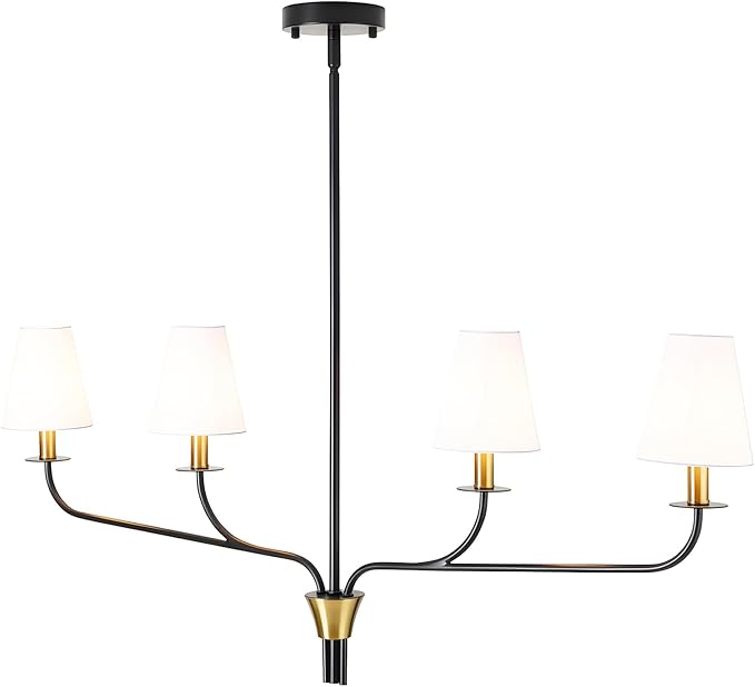 Modern 42" Linear Chandelier for Kitchen Island & Dining Room - 4-Light Black and Gold Finish with White Fabric Shades, Adjustable Hanging Pendant Light Fixture, E12