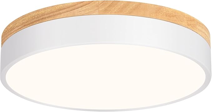 Modern LED Ceiling Light, Dimmable Wood Flush Mount Ceiling Lighting Fixture, 5CCT Round Wood Close to Ceiling Lamp for Kitchen Hallway Bathroom Office Laundry Room Entryway Nursery(White& 11.81 in)