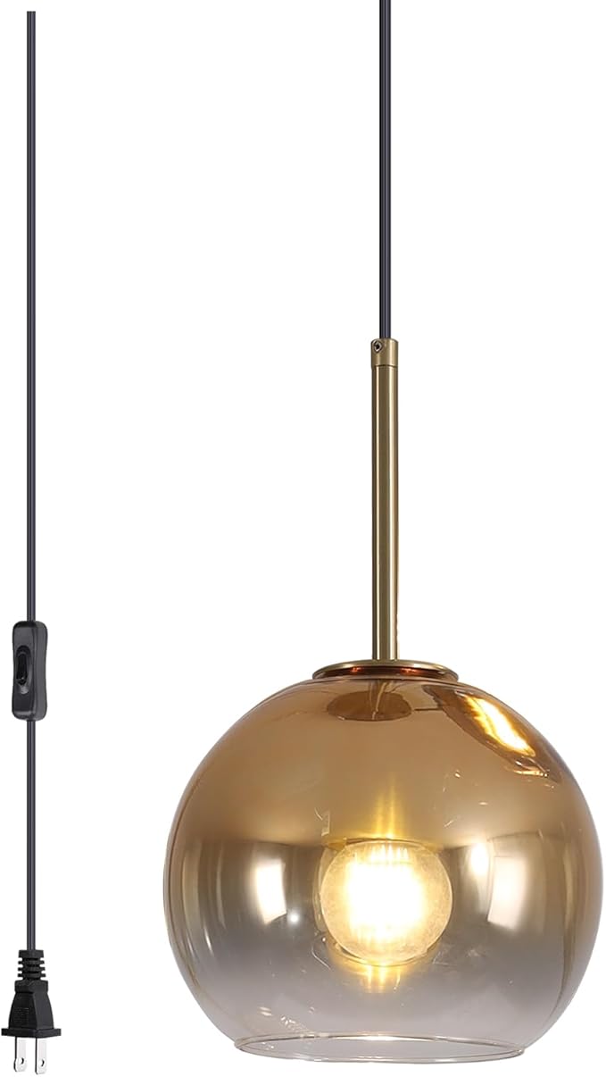 KCO Lighting Modern Pendant Lights Kitchen Island Mid Century Plug in Pendant Light Glass Hanging Lamp with Cord Globe Gold Hanging Light Bedroom Ceiling Lights Plug in