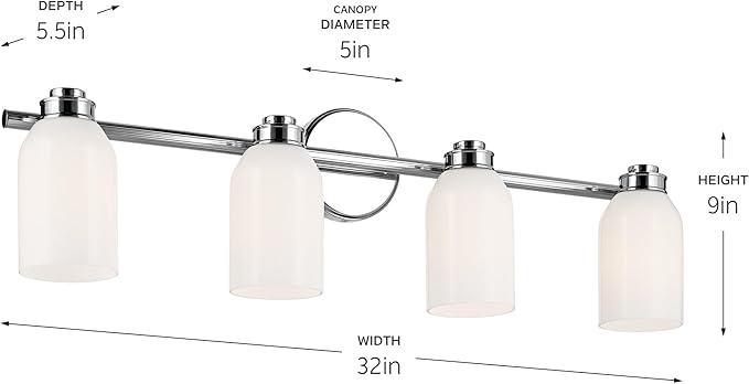 Kichler Shae 32.25" 4-Light Bathroom Vanity Light Fixture with White Opal Glass in Chrome, Modern Wall Mount Over Mirror for Powder Room (32.25" W x 9" H), 55203CH