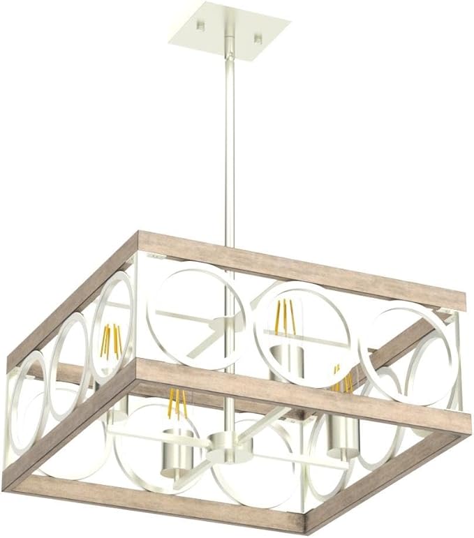 XINGQI Modern Chandelier Square 4-Light, Farmhouse Pendant Lighting Fixture for Dining Room Living Room Bedroom Kitchen Island,Antique Wood Grain+Brushed Nickel Metal Ceiling Lamp