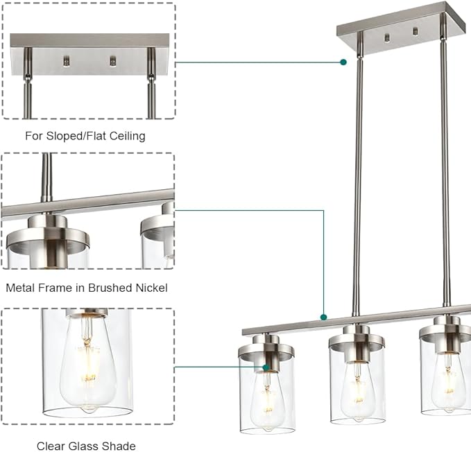 4-Light Dining Room Light Fixtures, Modern Kitchen Island Pendant Lighting Brushed Nickel Flush Mount Ceiling Hanging Lighting with Glass Shade Pendant Lights for Living Room Bedroom Hallway