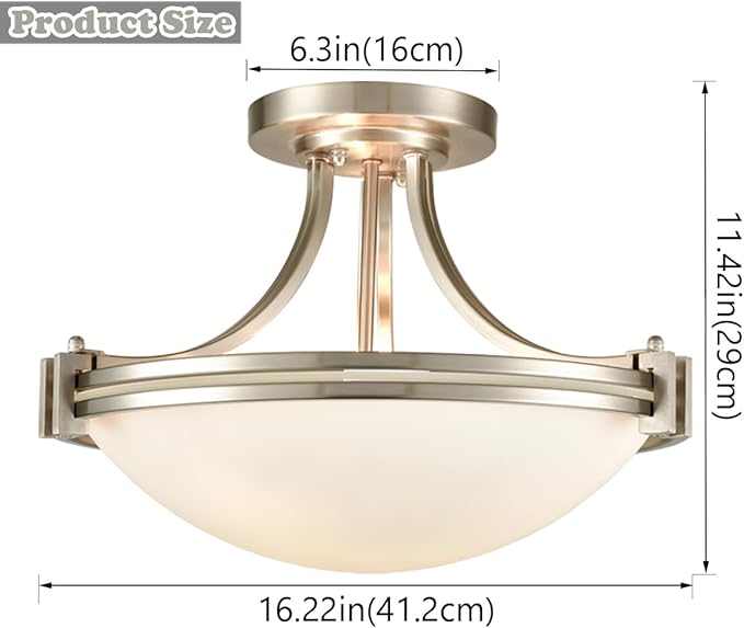 SAMTEEN Brushed Nickel Semi Flush Mount Ceiling Light Modern 3-Light White Glass Hallway Light Fixture Ceiling for Bedroom Living Room Kitchen, Bowl Shade