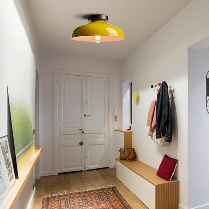 DIRYZON Macarons Yellow Ceiling Light Industrial Mount Fixture with 12-Inch Metal Shade for Bedroom Hallway Porch