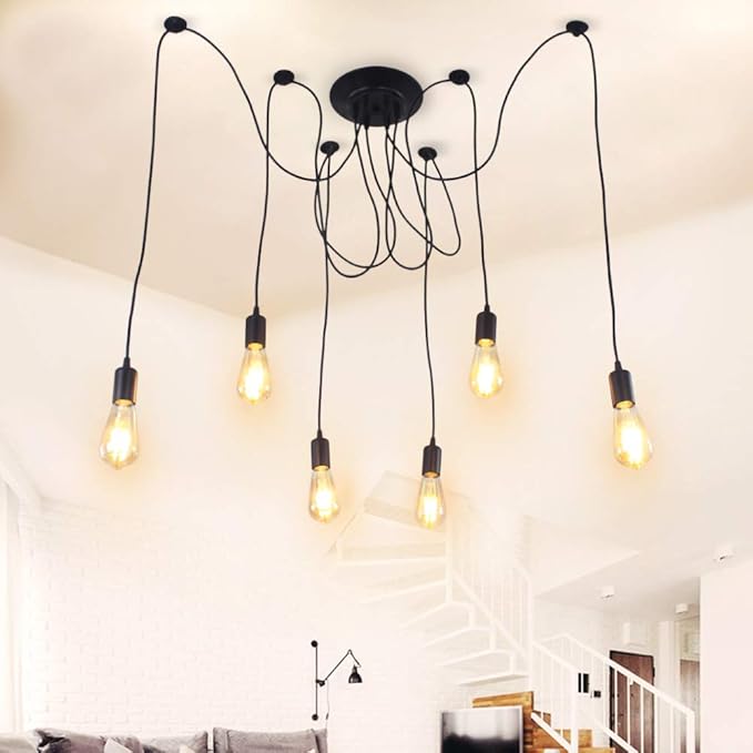 Finktonglan 8-Light Spider Pendant Chandelier, Adjustable 48.4" Cords, E26 Sockets, Black Modern Farmhouse Multi-Light Ceiling Fixture for Kitchen Island, Dining Room & Foyer