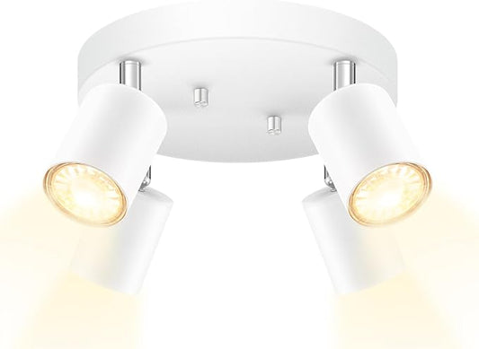 LED 4 Light Track Lighting Kit, LED Track Lighting Fixtures, White Round Ceiling Spot Lighting, Flexibly Rotatable Light Head for Kitchen, Living Room, Bedroom, GU10 Bulb Not Included