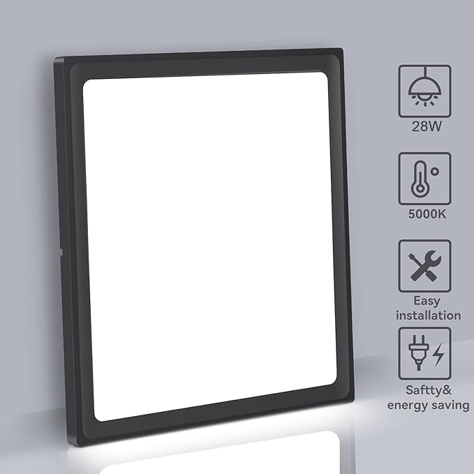2Pack 12inch Square Black 3200LM LED Flush Mount Ceiling Light,28W White 6000K Slim Surface Mount Ceiling Light Fixture for Kitchen Bedroom Living Room