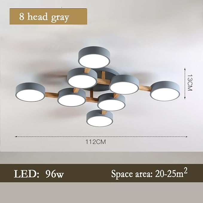 8-Lights LED Ceiling Light Fixture,44 Inch Modern Ceiling Lights Flush Mount Wooden 96W Chandelier for Living Room Bedroom Kitchen,Dimmable 3000K/4000K/6000K Temperatures Selectable, Grey