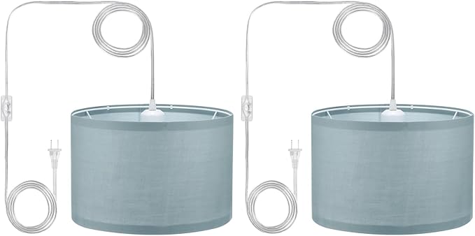 PATIKIL Plug in Pendant Light, 2 Pack 15Ft Rope Cord Hanging Lamp Fixture with ON/Off Switch, Linen Fabric Shade E26/E27 Bulb Socket for Bedroom Kitchen Living Room, Gray Blue