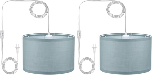 PATIKIL Plug in Pendant Light, 2 Pack 15Ft Rope Cord Hanging Lamp Fixture with ON/Off Switch, Linen Fabric Shade E26/E27 Bulb Socket for Bedroom Kitchen Living Room, Gray Blue