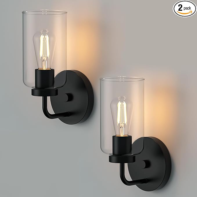 Zevluck Wall Sconces Set of 2, Modern Wall Light Fixtures with Clear Glass Shade, Matte Black Bathroom Vanity Light, Hardwired Vanity Wall Lamps for Bathroom, Bedroom, Living Room, Stairs, Hallway