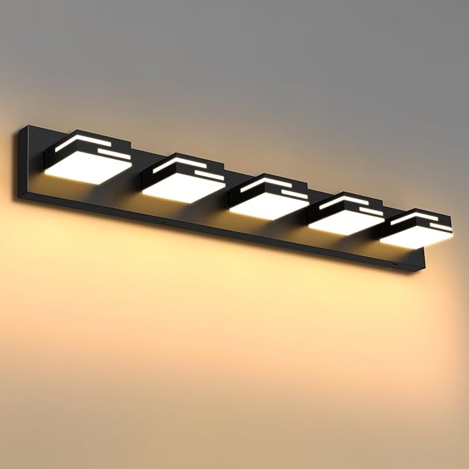 LED Modern Bathroom Vanity Light Fixtures 5-Light 34-inch 5CCT Dimmable Matte Black Vanity Lights for Bathroom Lighting Fixtures Over Mirror, with 360° Rotatable Acrylic Heads